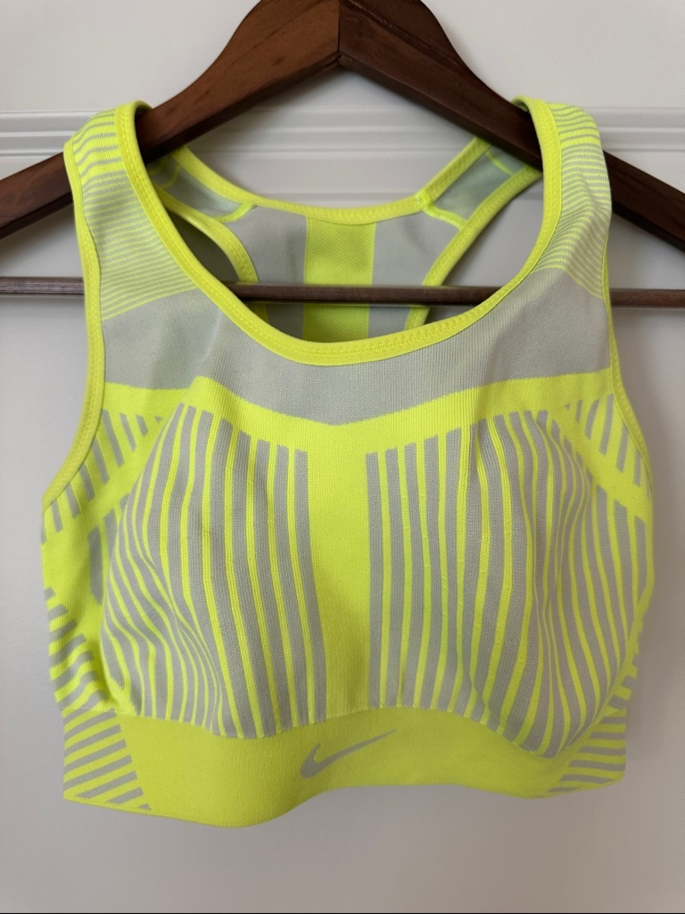 Nike Neon Yellow and Gray Striped High-Support Sports Bra